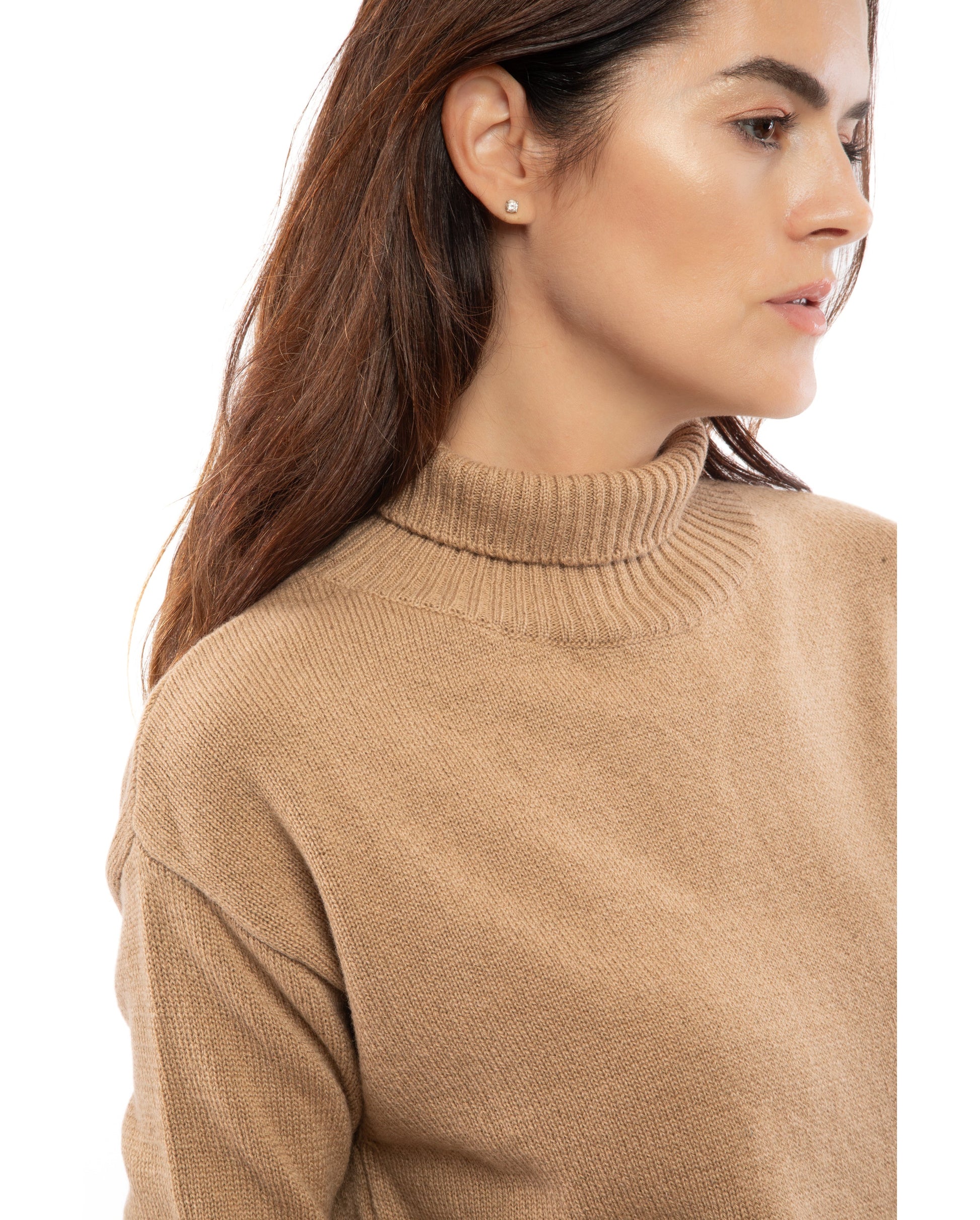 womens funnel neck turtleneck sweater cashmere lambswool blend Camel Made In Italy 2