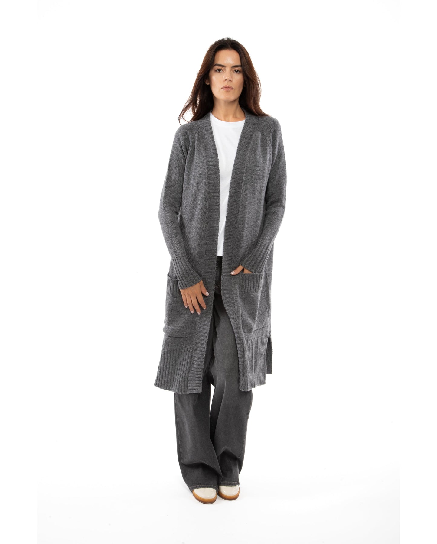 womens long knit cardigan coat cashmere lambswool blend Dark Gray Made In Italy 5