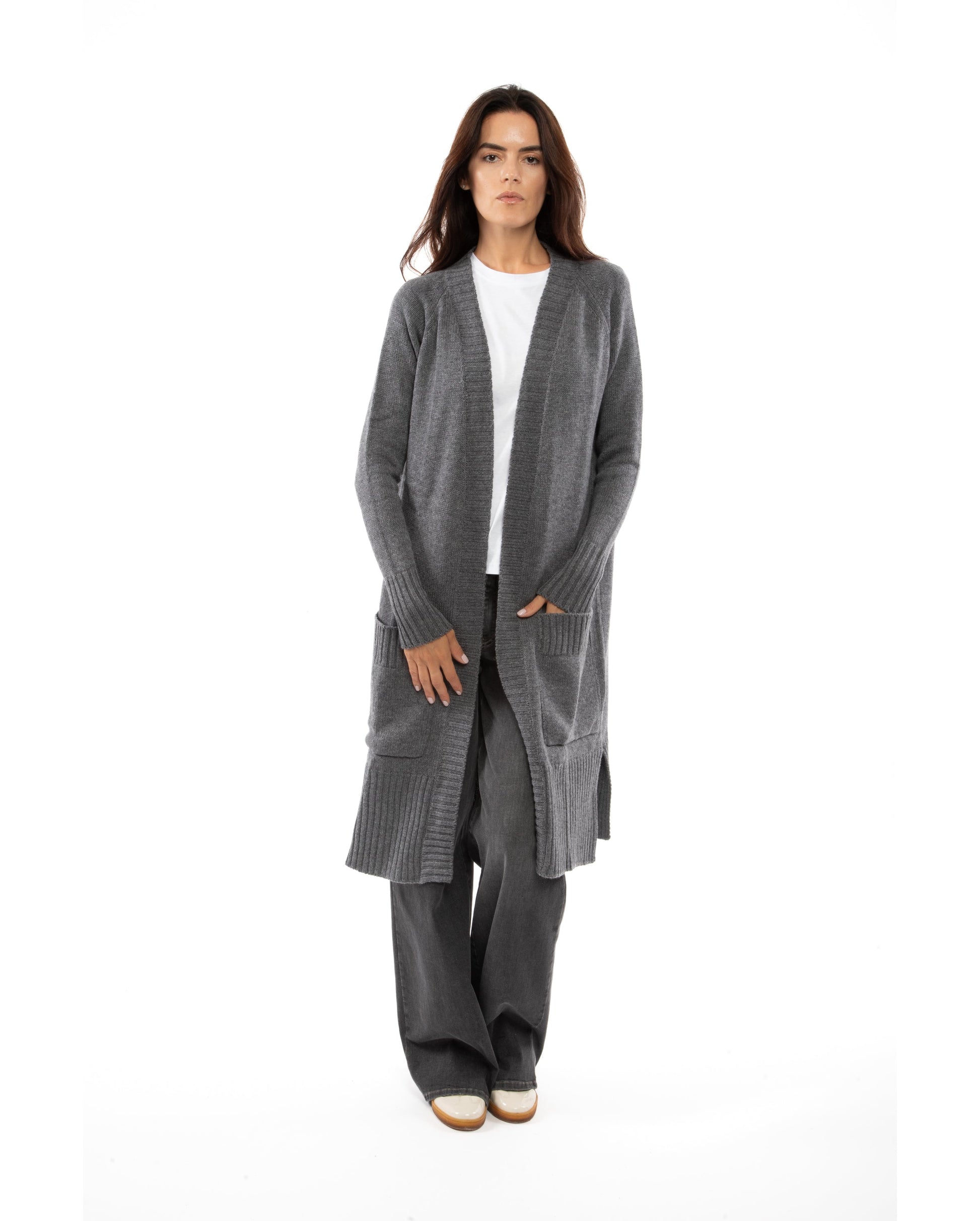 womens long knit cardigan coat cashmere lambswool blend Dark Gray Made In Italy 5