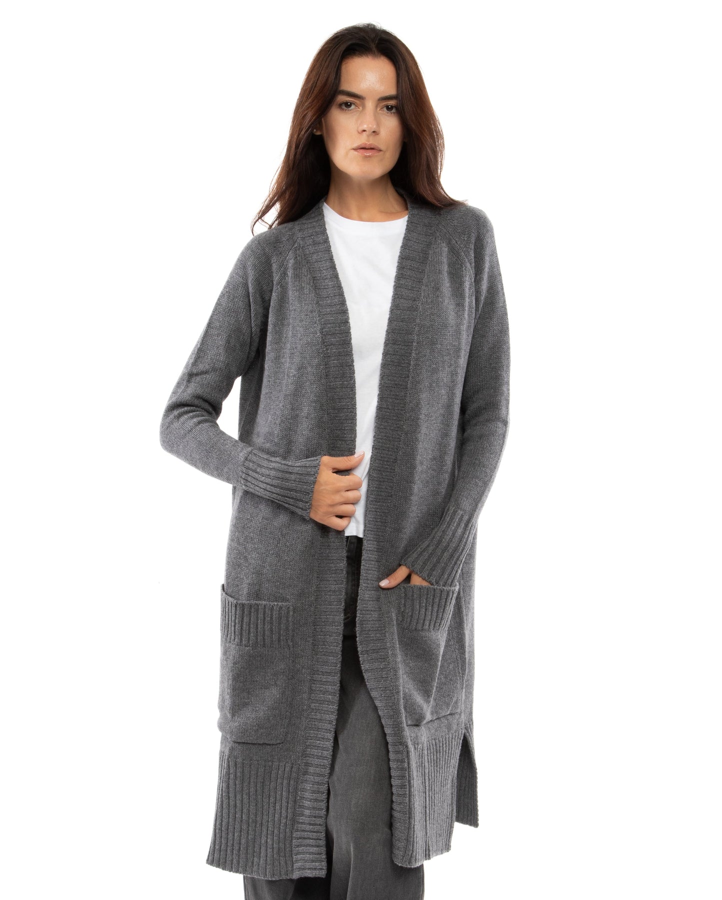 womens long knit cardigan coat cashmere lambswool blend Dark Gray Made In Italy 3