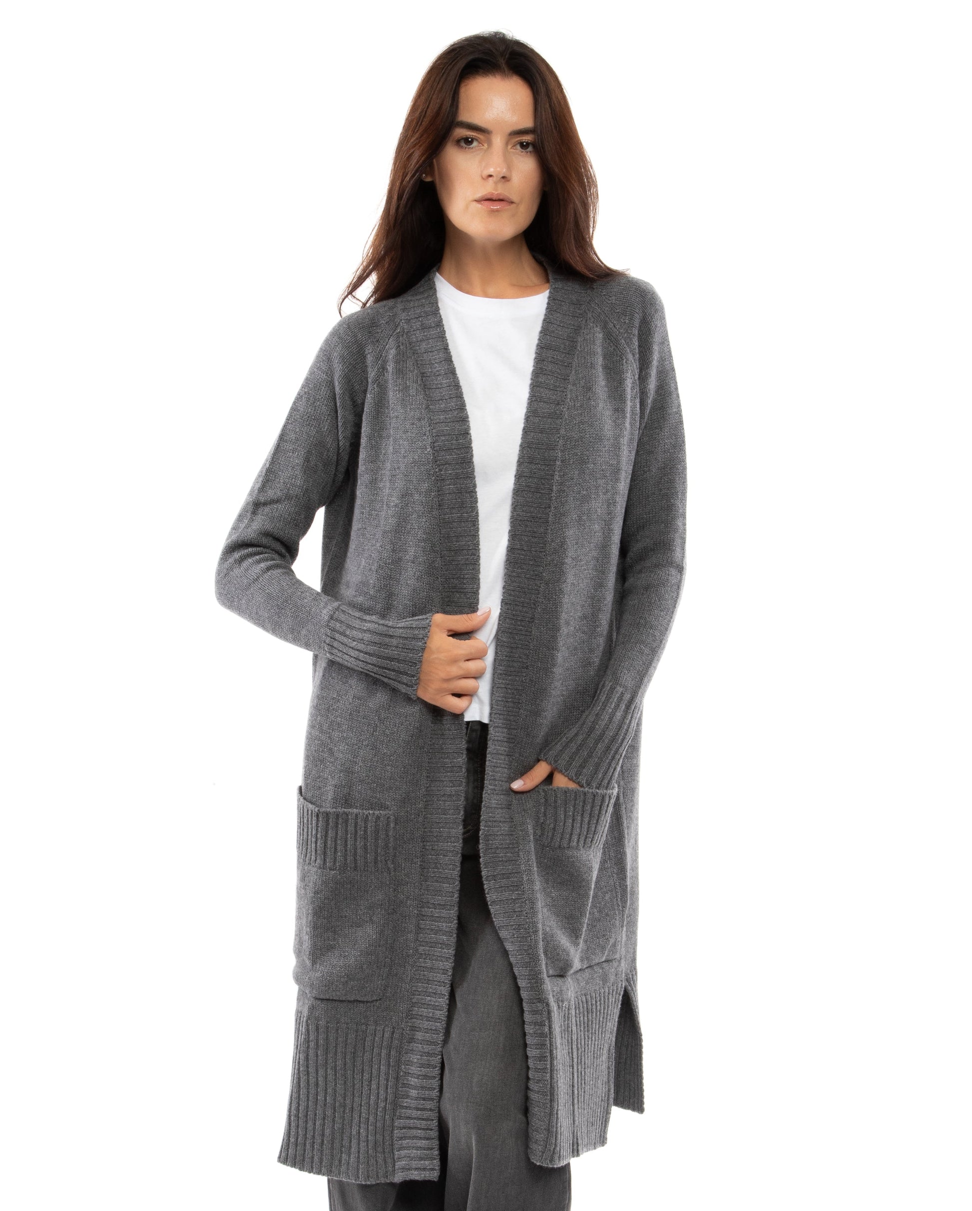 womens long knit cardigan coat cashmere lambswool blend Dark Gray Made In Italy 3