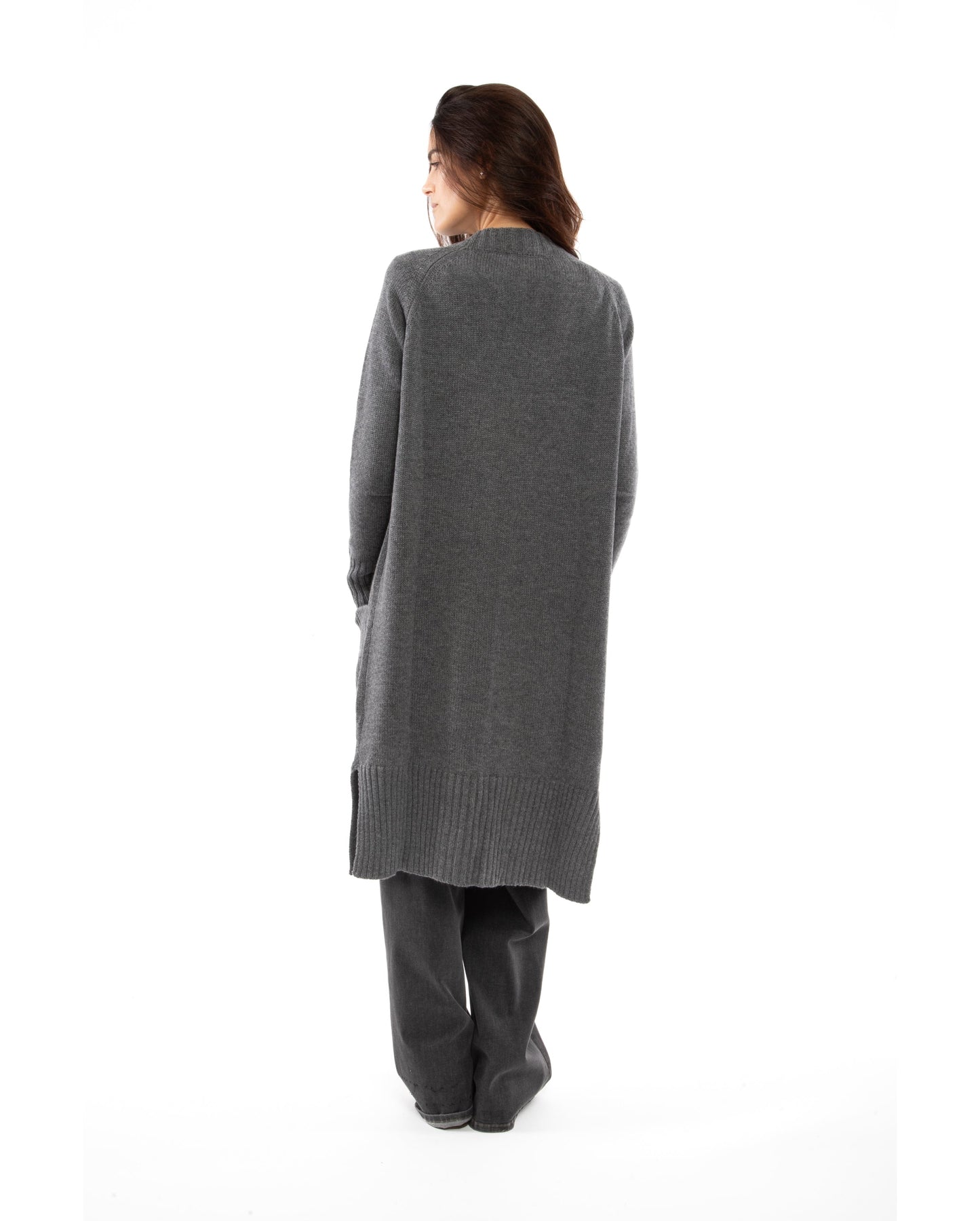 womens long knit cardigan coat cashmere lambswool blend Dark Gray Made In Italy 4