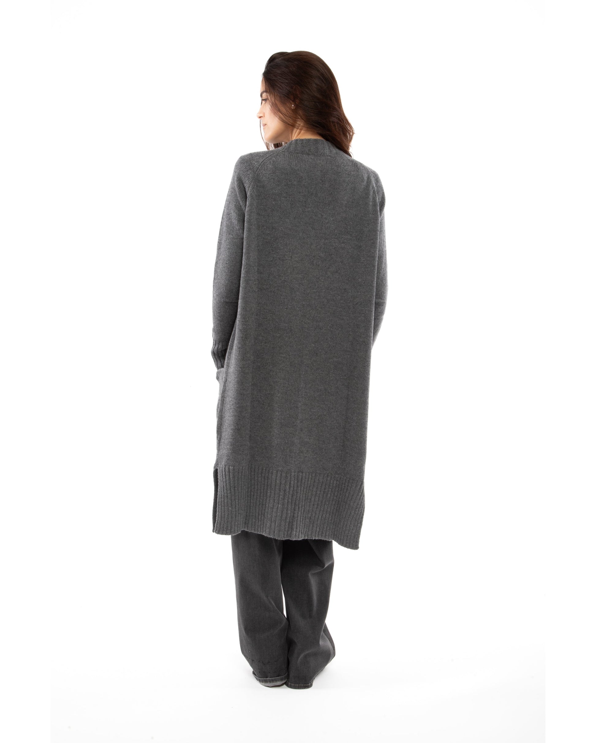 womens long knit cardigan coat cashmere lambswool blend Dark Gray Made In Italy 4