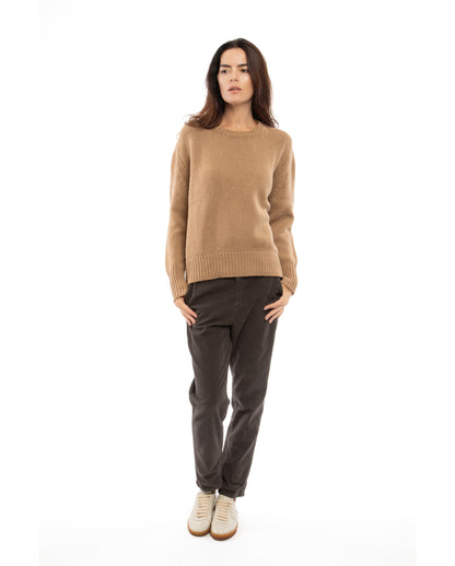 womens maxi sweater crew neck cashmere lambswool blend Camel Made In Italy 3