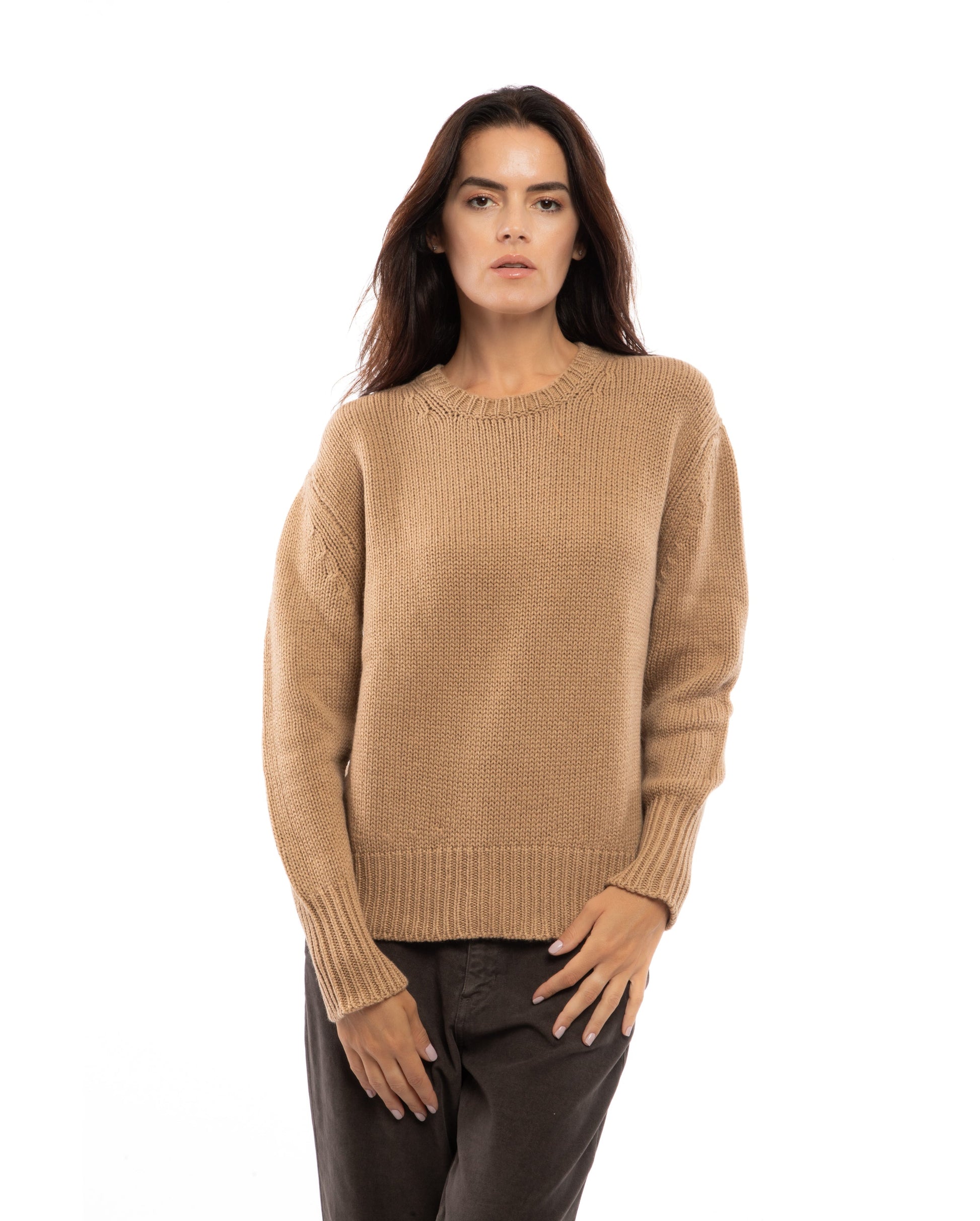 womens maxi sweater crew neck cashmere lambswool blend Camel Made In Italy 3