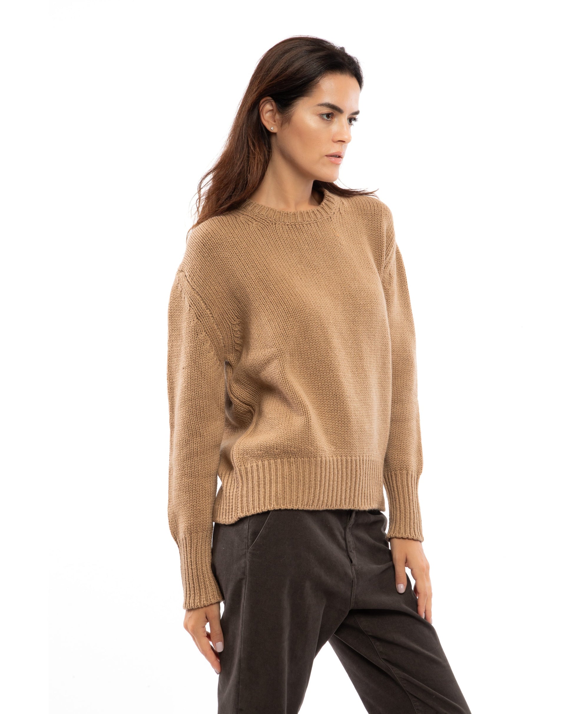 womens maxi sweater crew neck cashmere lambswool blend Camel Made In Italy 6