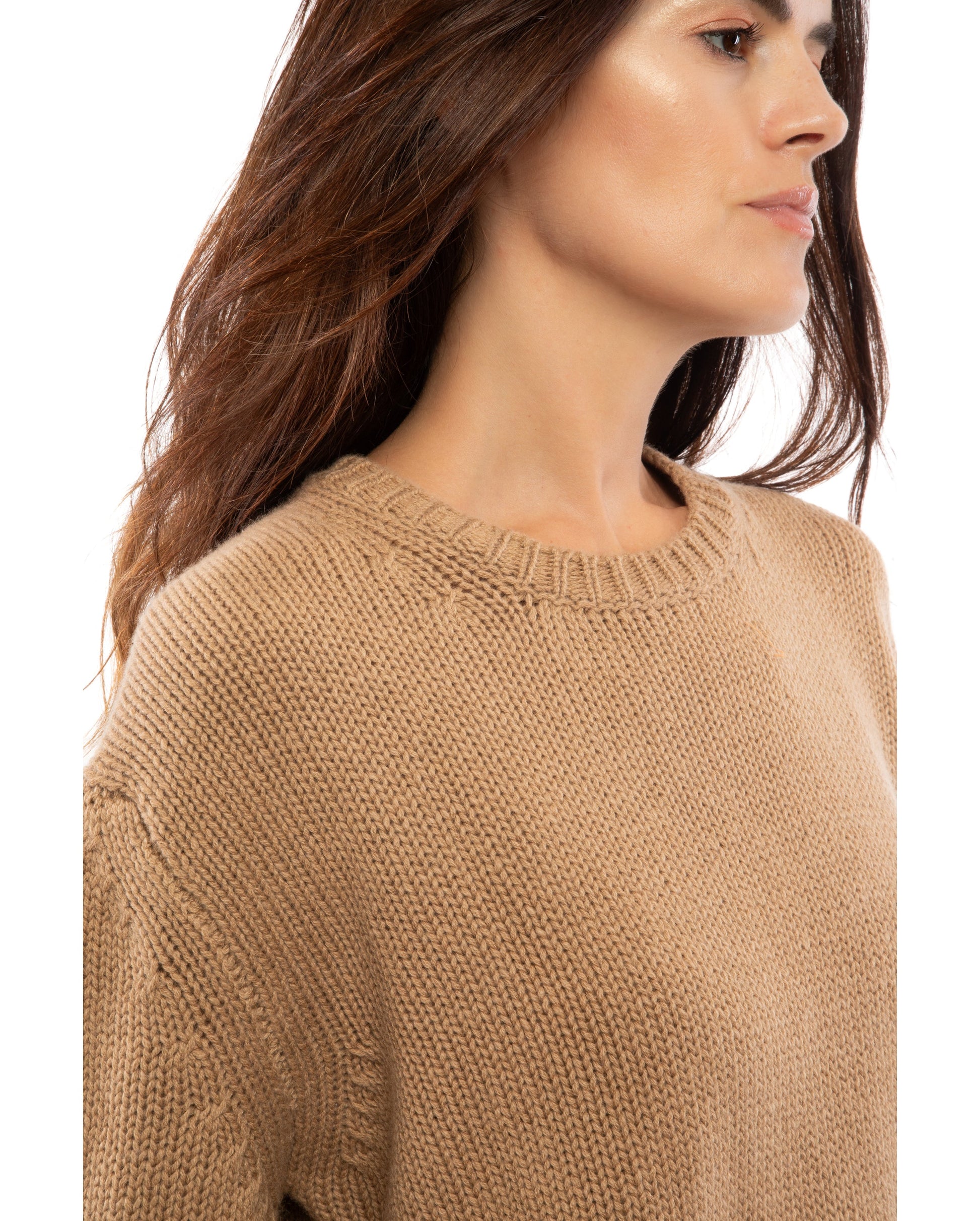 womens maxi sweater crew neck cashmere lambswool blend Camel Made In Italy 2