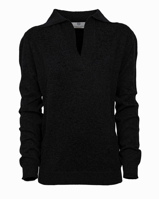 Womens Pure Cashmere Polo Sweater Black Made In Italy 1