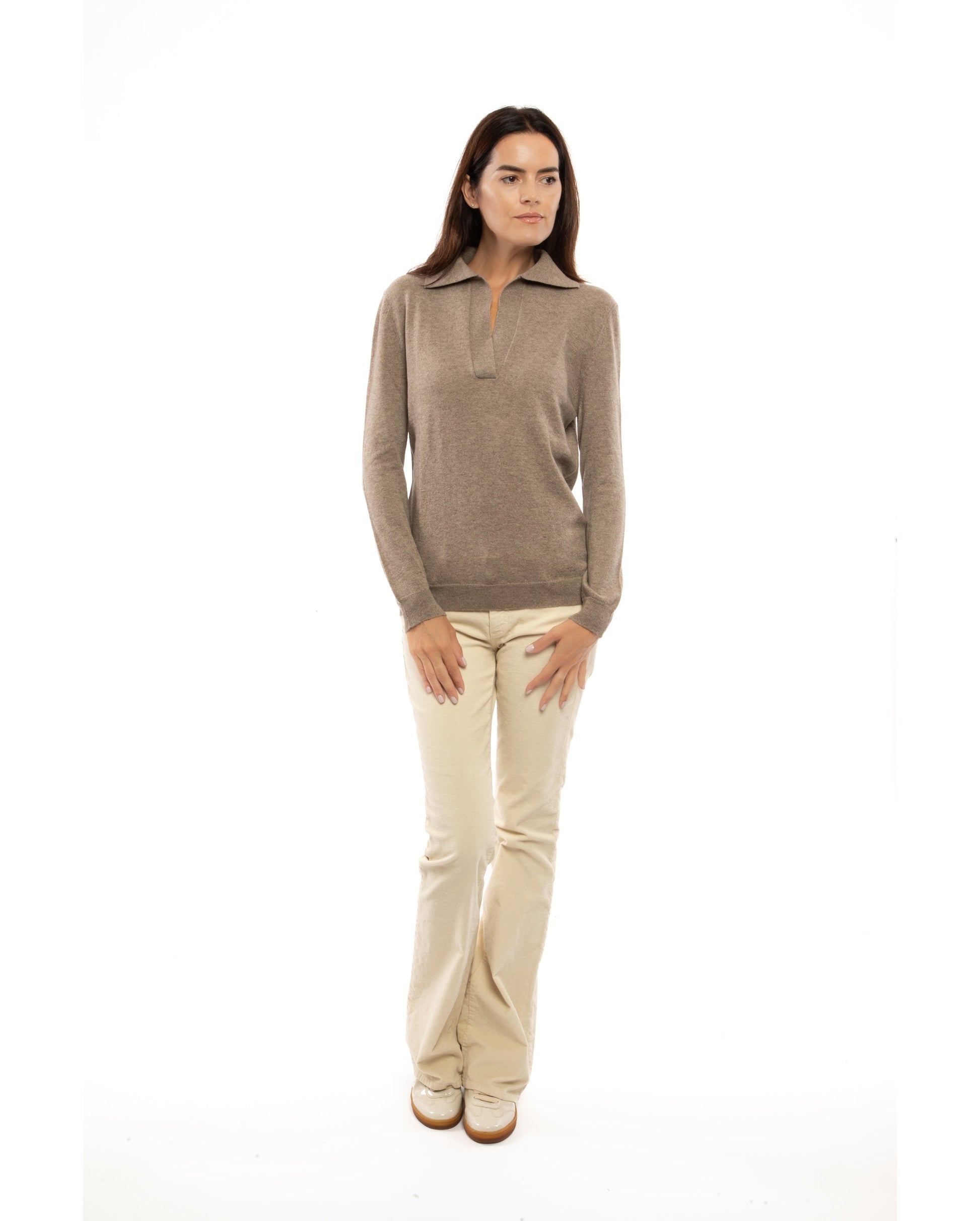 Womens Pure Cashmere Polo Sweater Taupe Made In Italy 7
