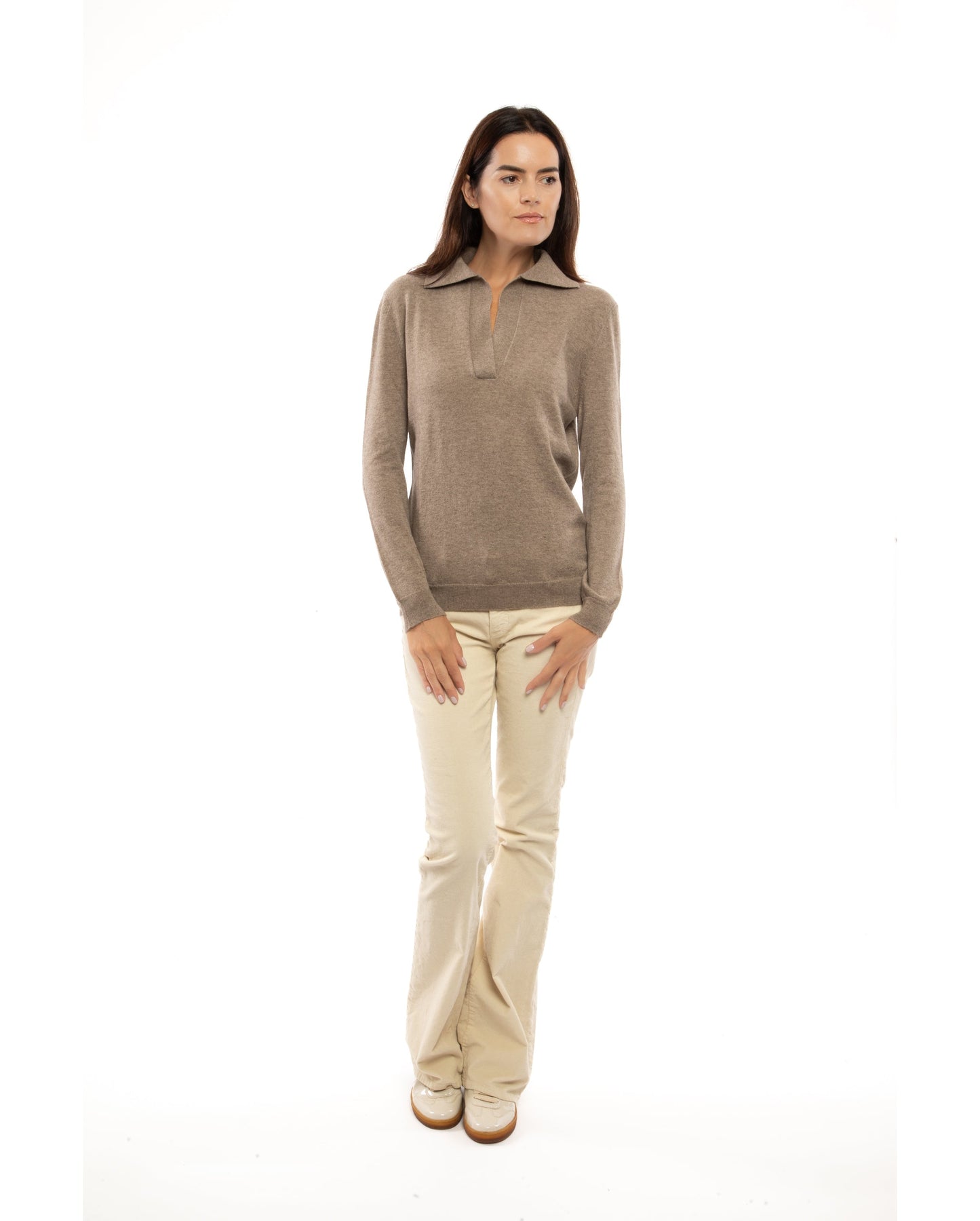 Womens Pure Cashmere Polo Sweater Taupe Made In Italy 7