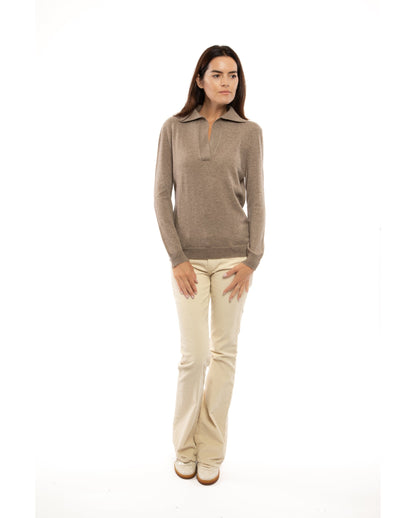 Womens Pure Cashmere Polo Sweater Taupe Made In Italy 7