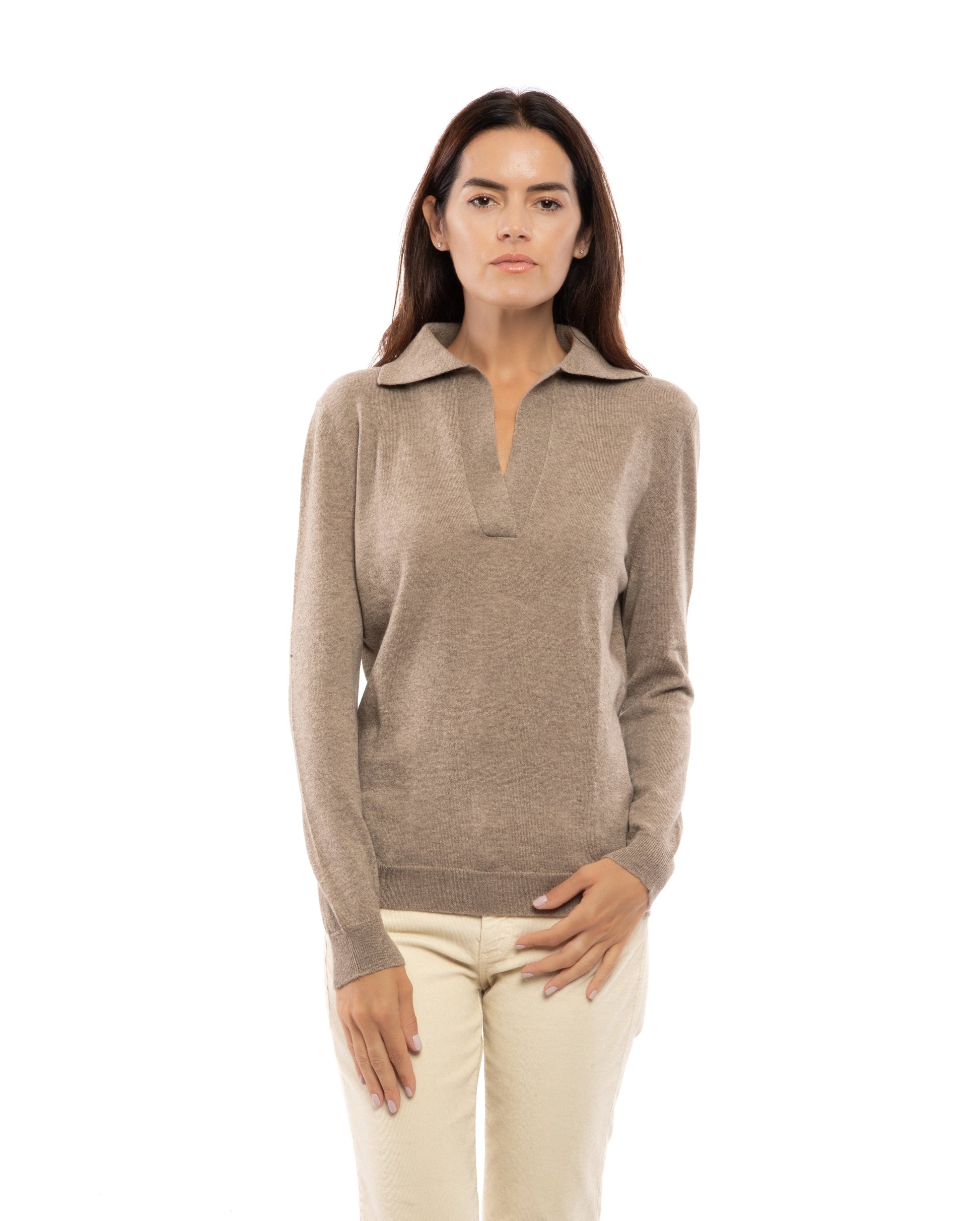 Womens Pure Cashmere Polo Sweater Taupe Made In Italy 2