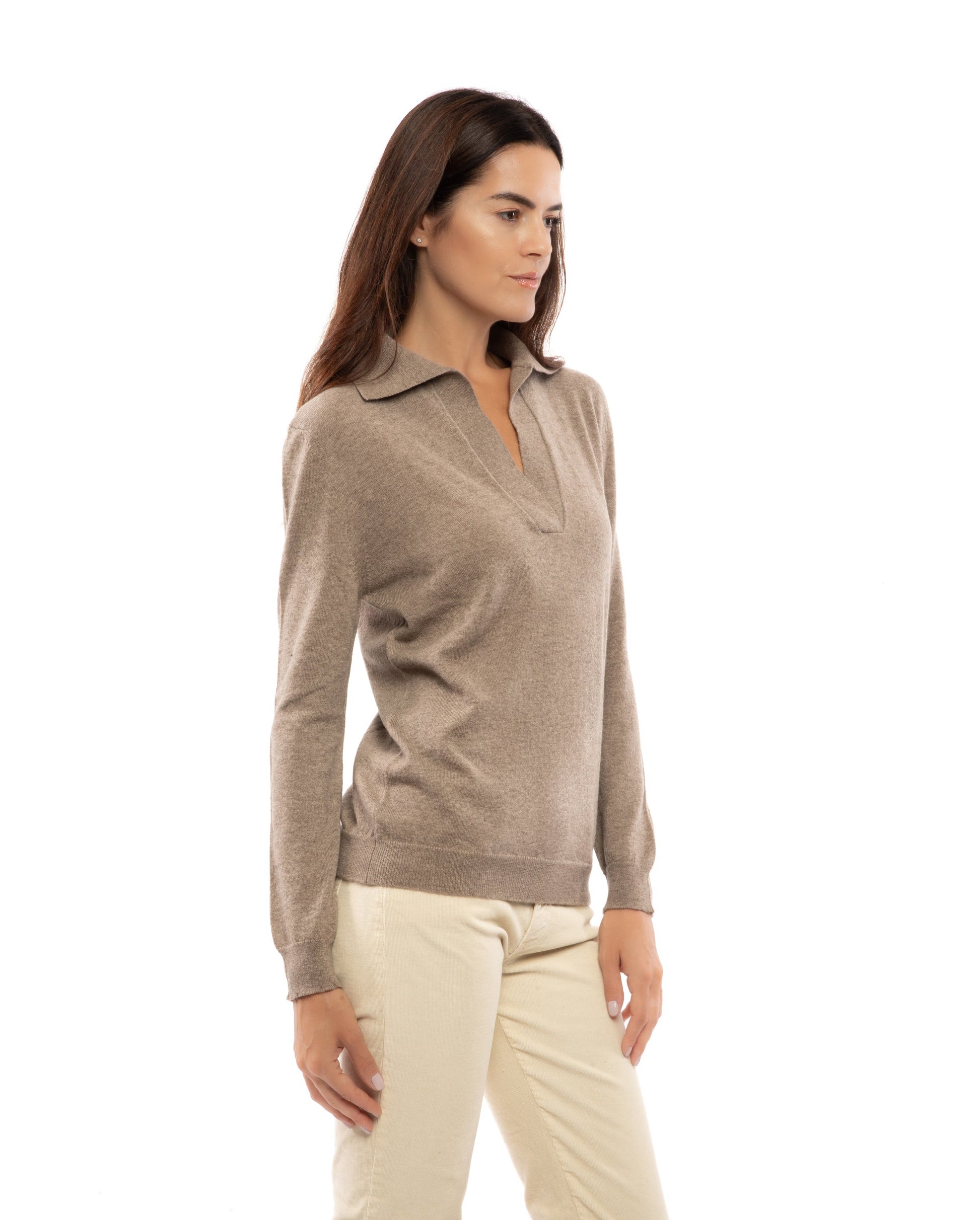 Womens Pure Cashmere Polo Sweater Taupe Made In Italy 4