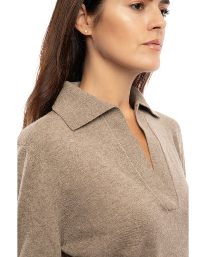 Womens Pure Cashmere Polo Sweater Taupe Made In Italy 2