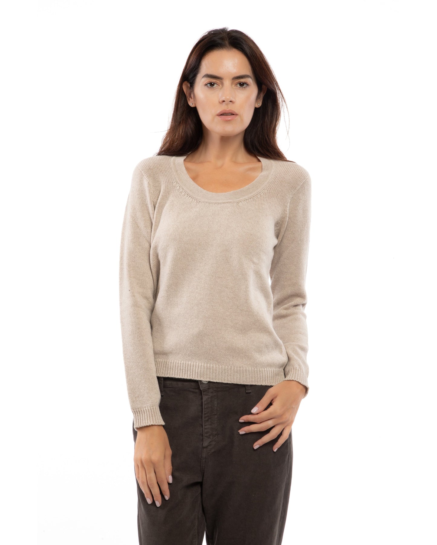 Womens Ultralight Cashmere Scoop Sweater Made In Italy Beige 3