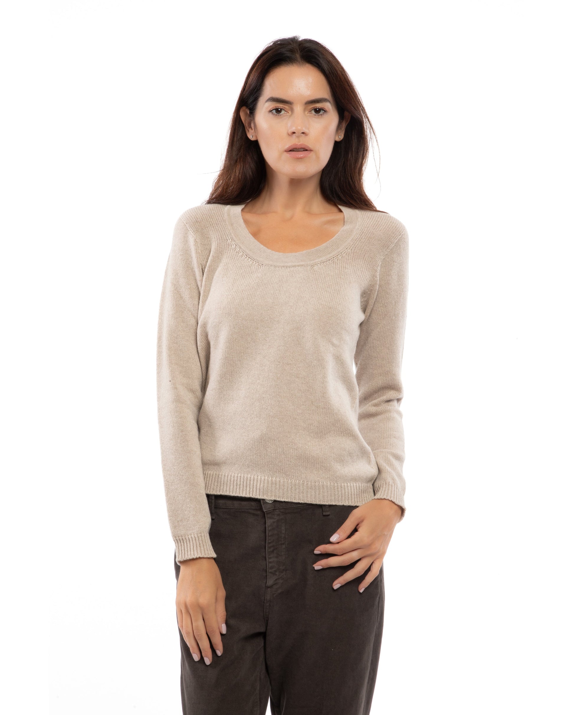 Womens Ultralight Cashmere Scoop Sweater Made In Italy Beige 3