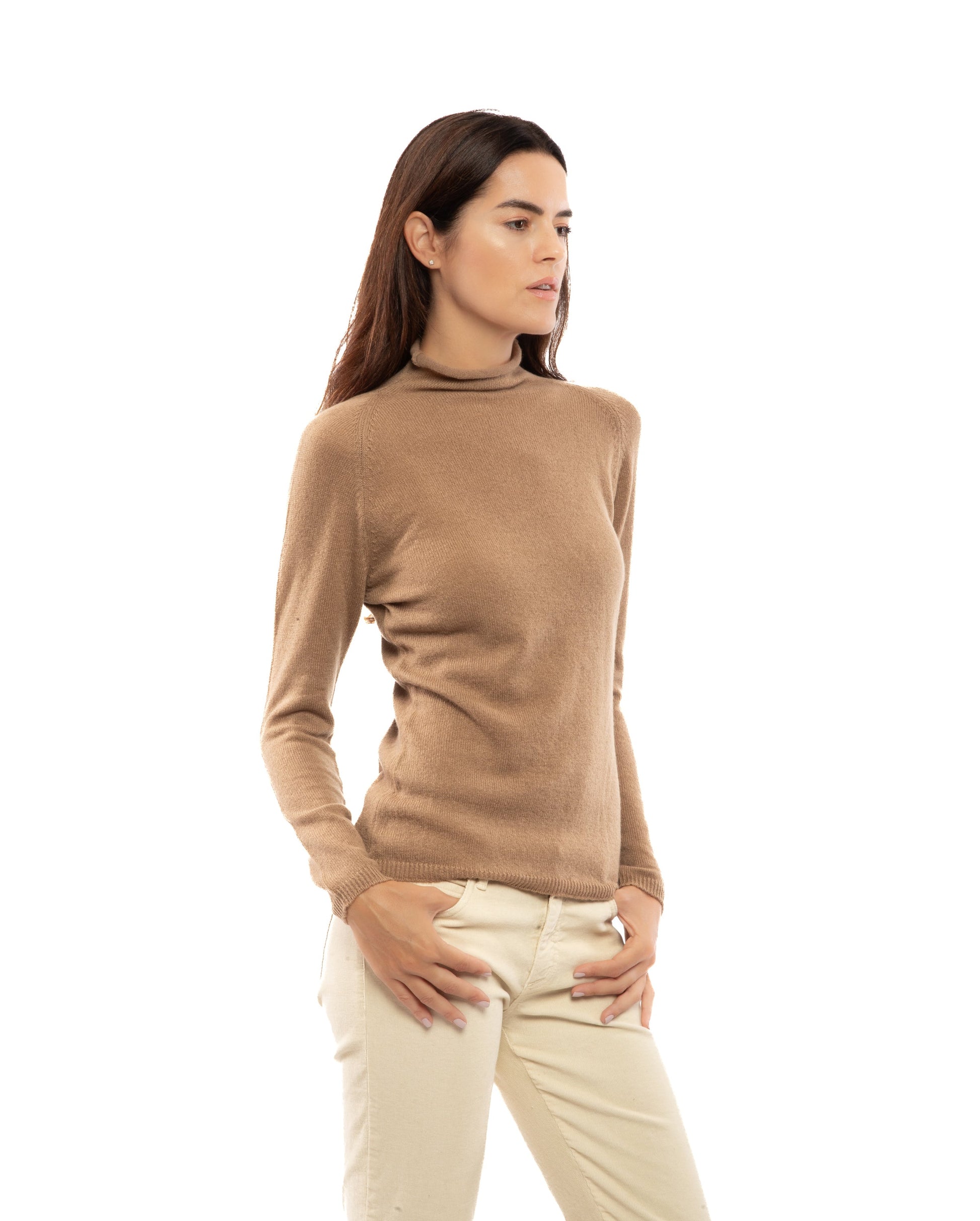 Womens Ultralight Cashmere Turtleneck Sweater Raglan Made In Italy Camel 6