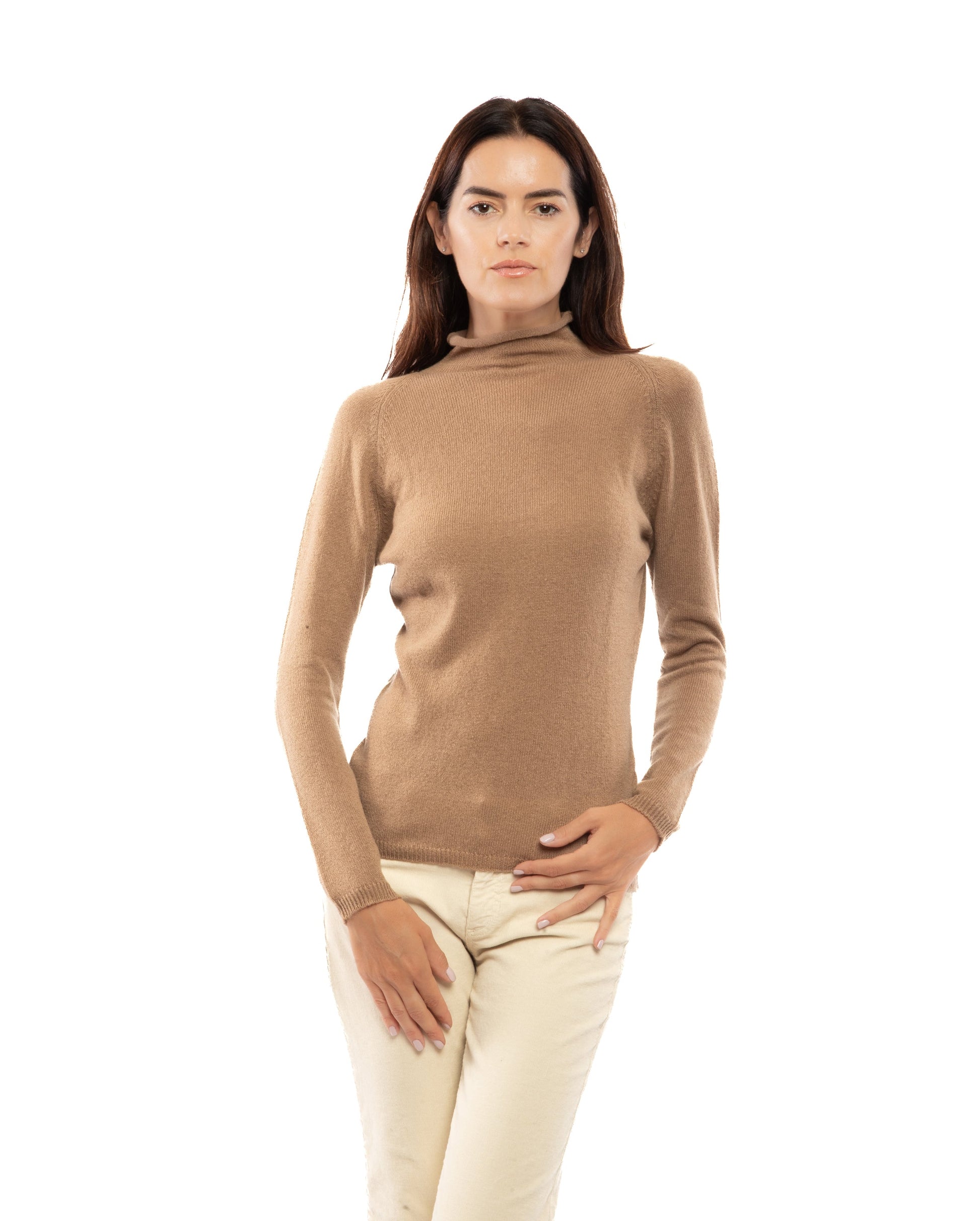 Womens Ultralight Cashmere Turtleneck Sweater Raglan Made In Italy Camel 3