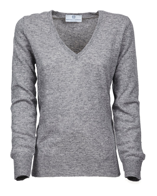 NEW FALL 24 - Women's Pure Cashmere V-Neck Sweater Melange Gray