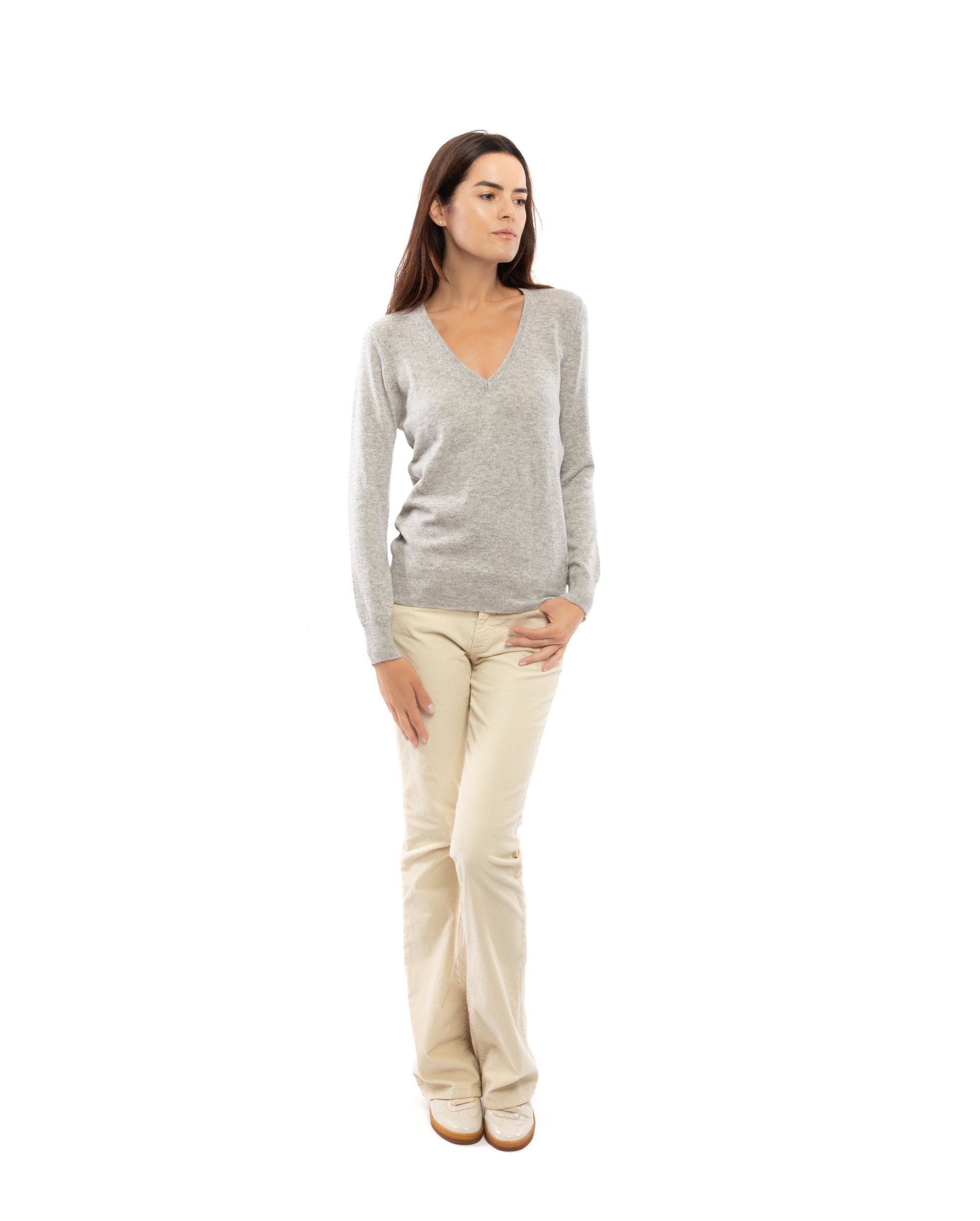 Womens V Neck Sweater Cashmere Light Gray Made In Italy 3