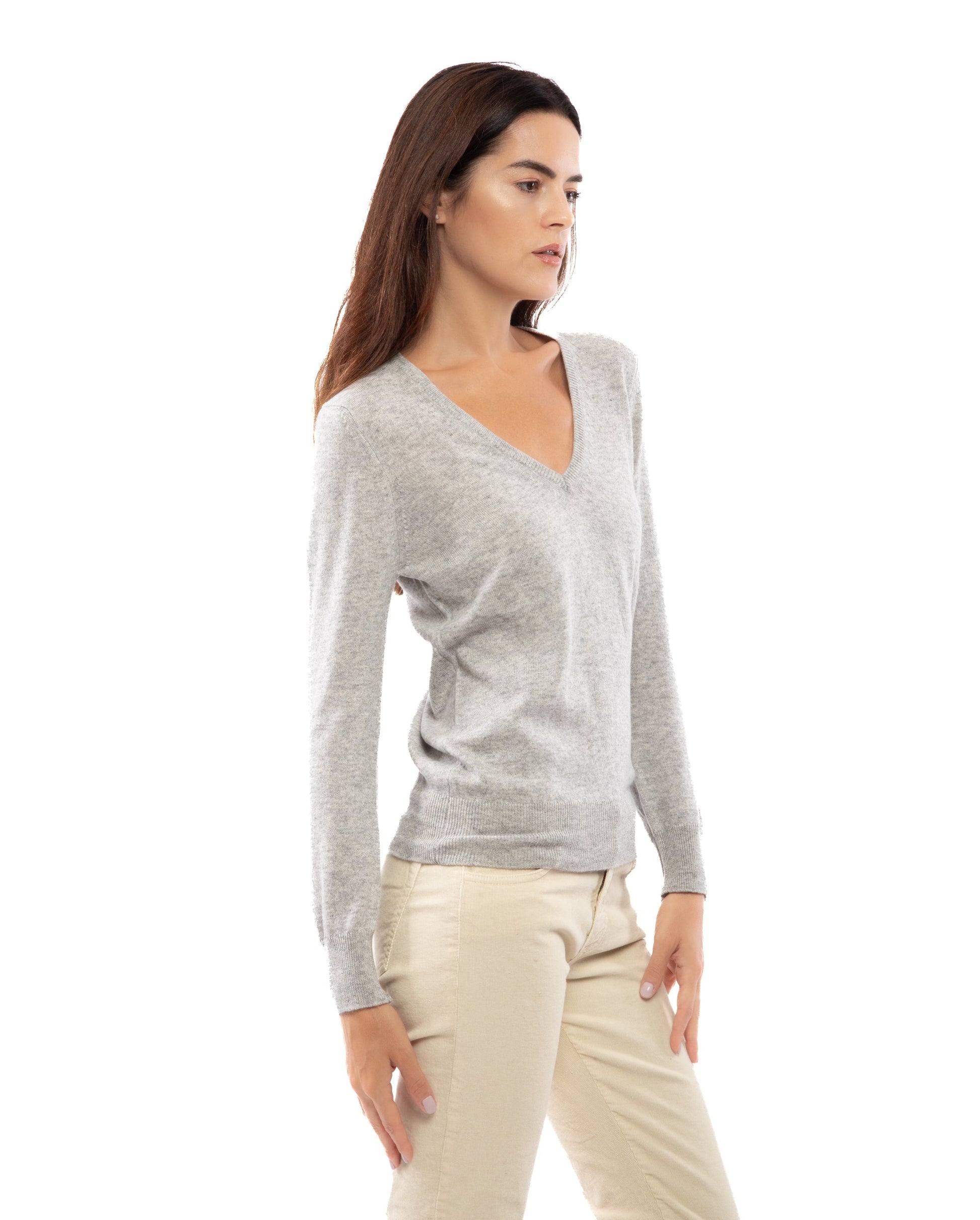 Womens V Neck Sweater Cashmere Light Gray Made In Italy 6