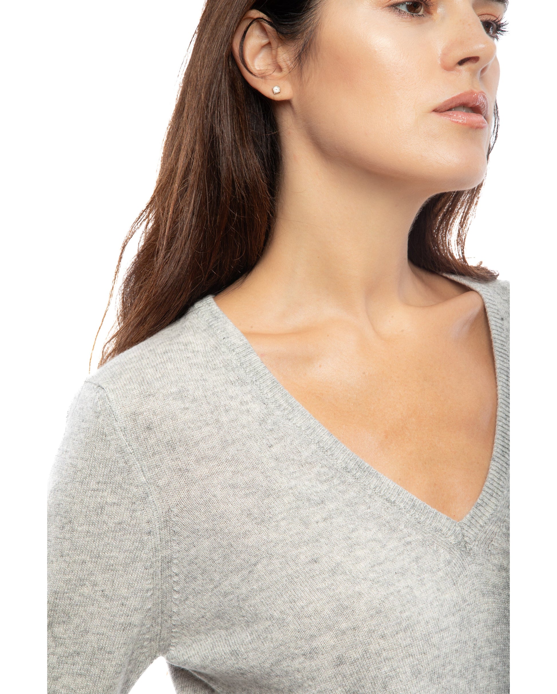 Womens V Neck Sweater Cashmere Light Gray Made In Italy 4