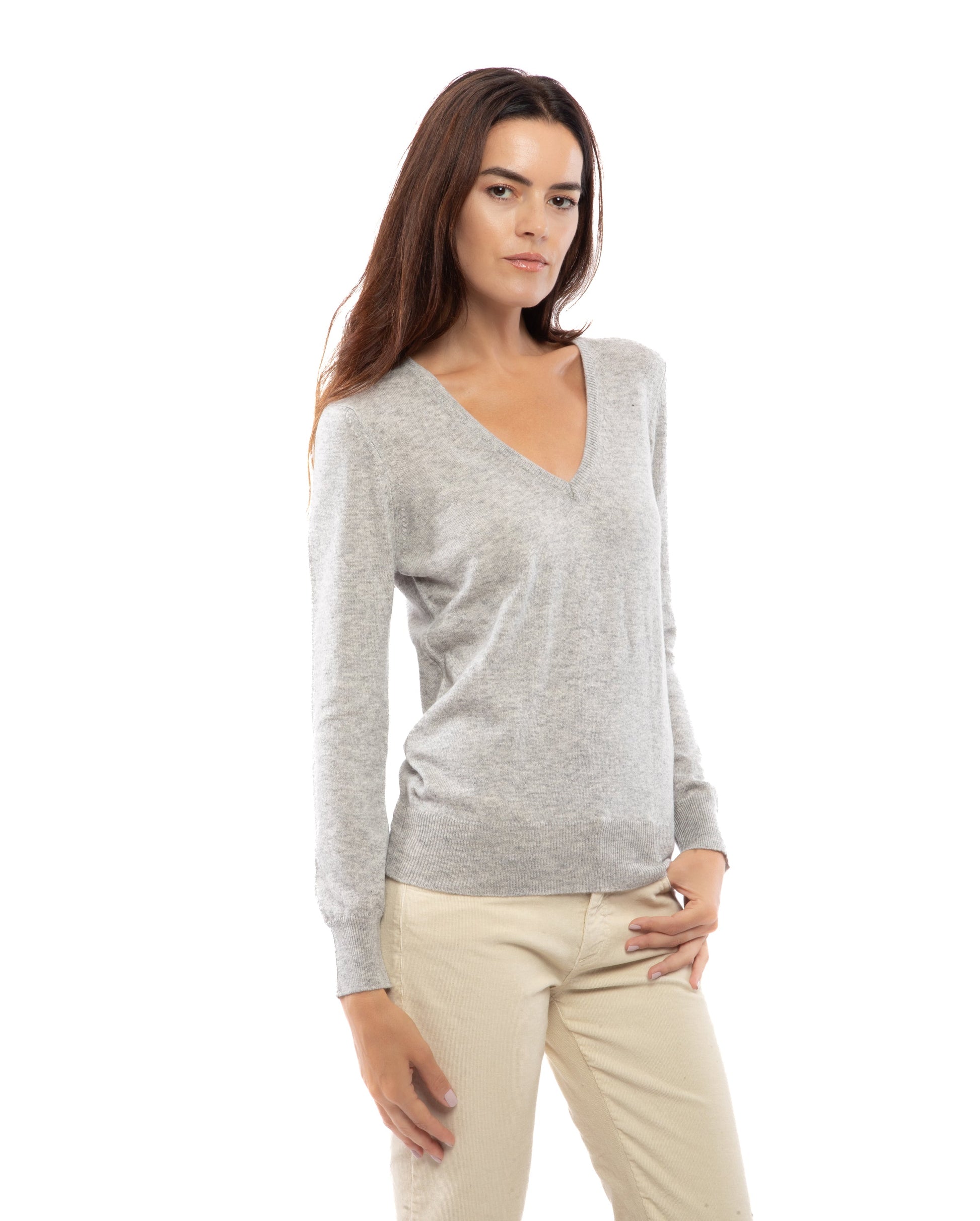 Womens V Neck Sweater Cashmere Light Gray Made In Italy 3