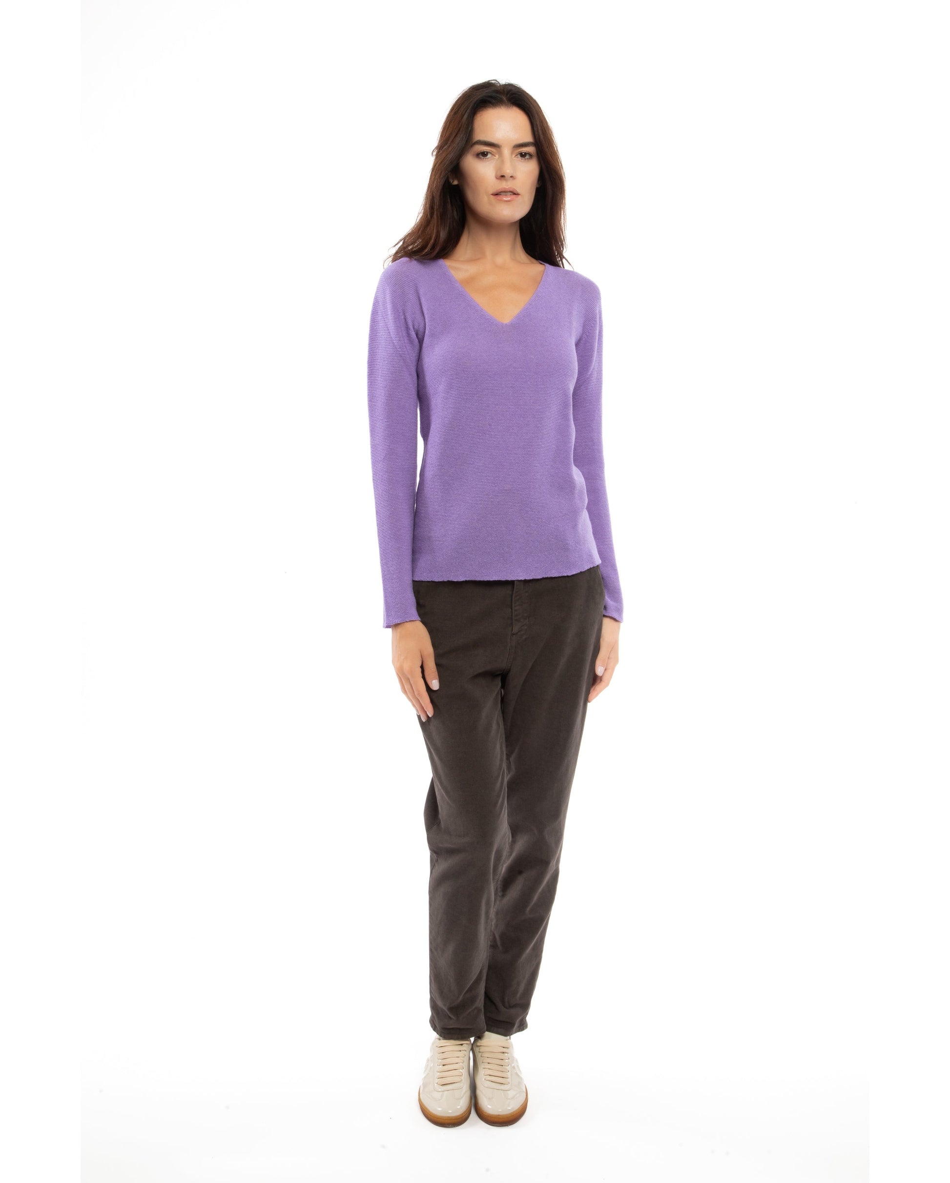 Womens V Neck Sweater Cashmere Links Stitch Lavender Made In Italy 5