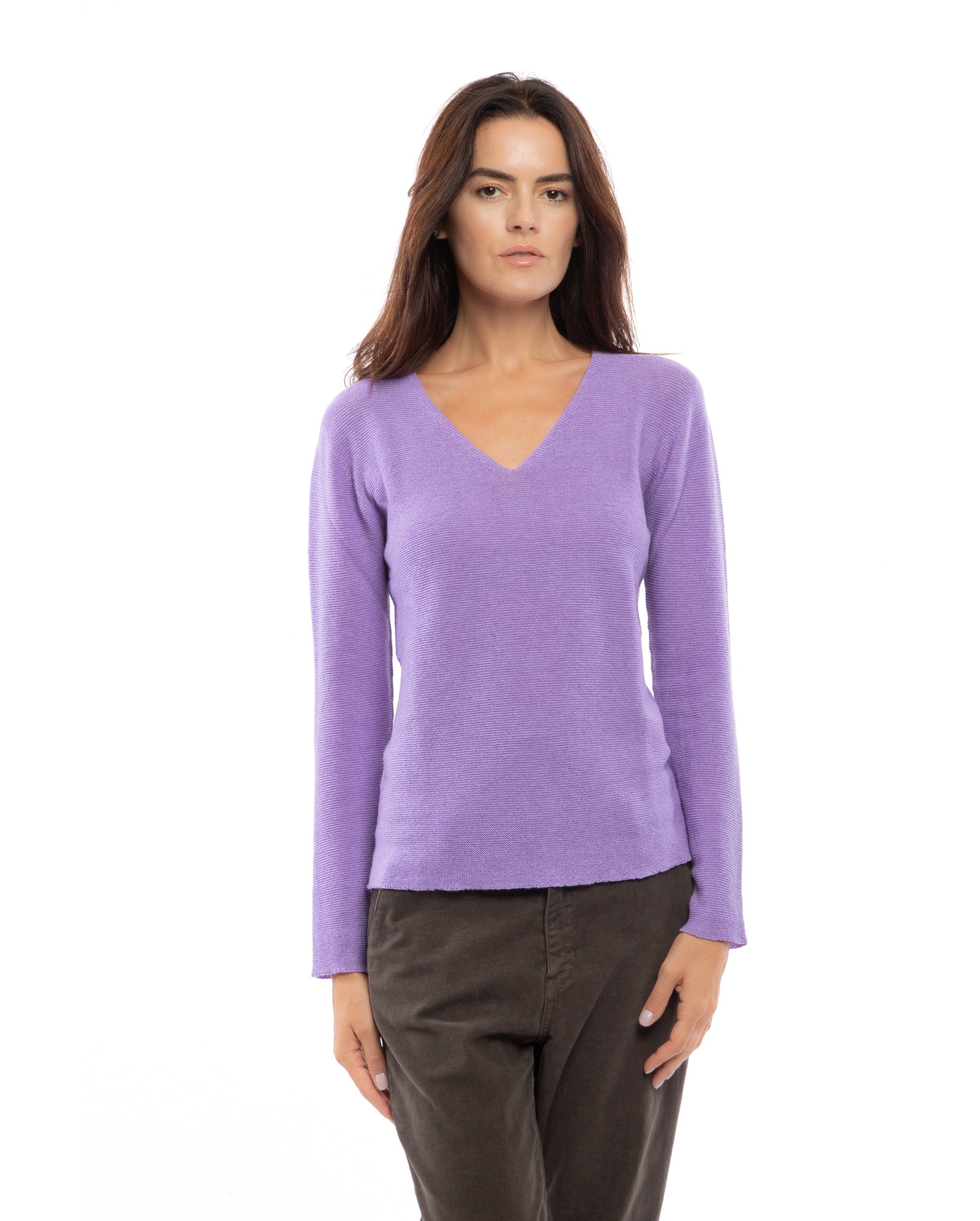 Womens V Neck Sweater Cashmere Links Stitch Lavender Made In Italy 3