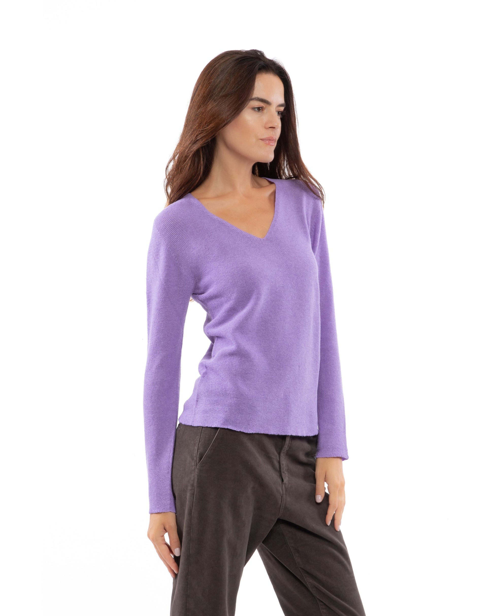 Womens V Neck Sweater Cashmere Links Stitch Lavender Made In Italy 6
